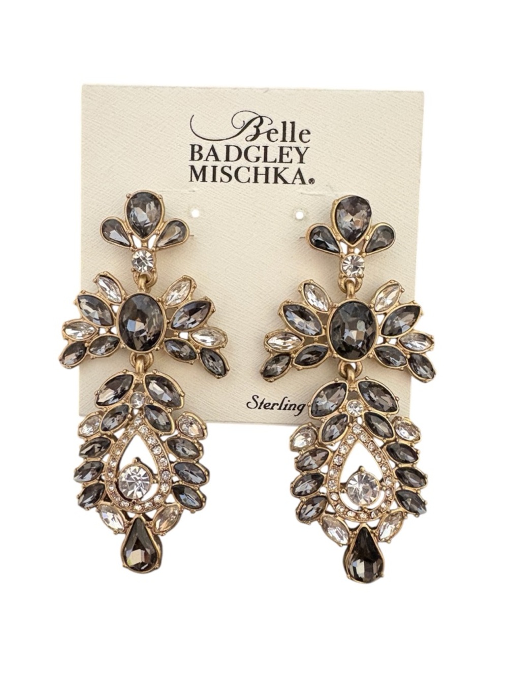 Badgley Mischka Gold Smoky Gray and Clear Crystal Chandelier Earrings NWT